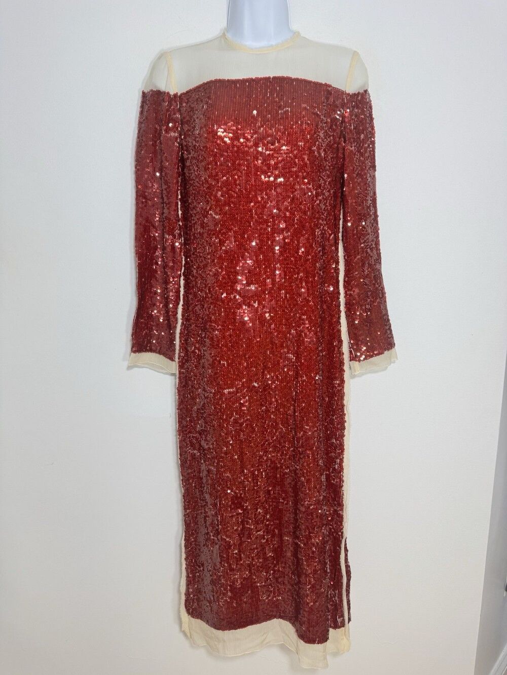 ZARA Red Sequin Chiffon Midi Dress Women XXS NWT Holidays Party Blogger Favorite
